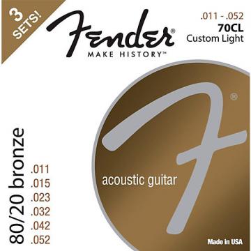 Fender 70CL 80/20 Phosphore Bronze Acoustic Guitar Strings, Custom Light Guage 11-52 (3-Pack)