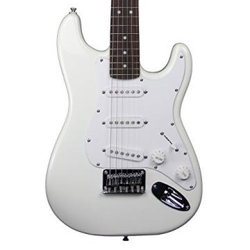 Squier by Fender Mini Strat Electric Guitar Bundle with Amplifier, Cable, Tuner, Strap, Picks, Austin Bazaar Instructional DVD, and Polishing Cloth - Arctic White