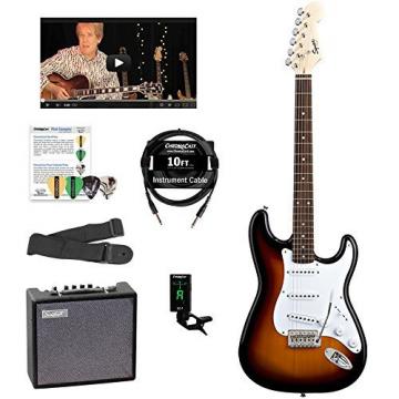 Fender Squier Bullet Strat with Tremolo Electric Guitar Kit, with Sawtooth 10W Amp, and ChromaCast Accessories, Brown Sunburst