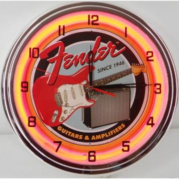 Fender Guitar &amp; Amp 15&quot; Neon Light Wall Clock Garage Band Music Studio Tin Metal Sign Red