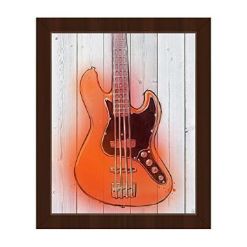 Orange Guitar: Graphic Illustration of Gleaming Bass Guitar on Woodplank-pattern Wall Art Print on Canvas with Espresso Frame